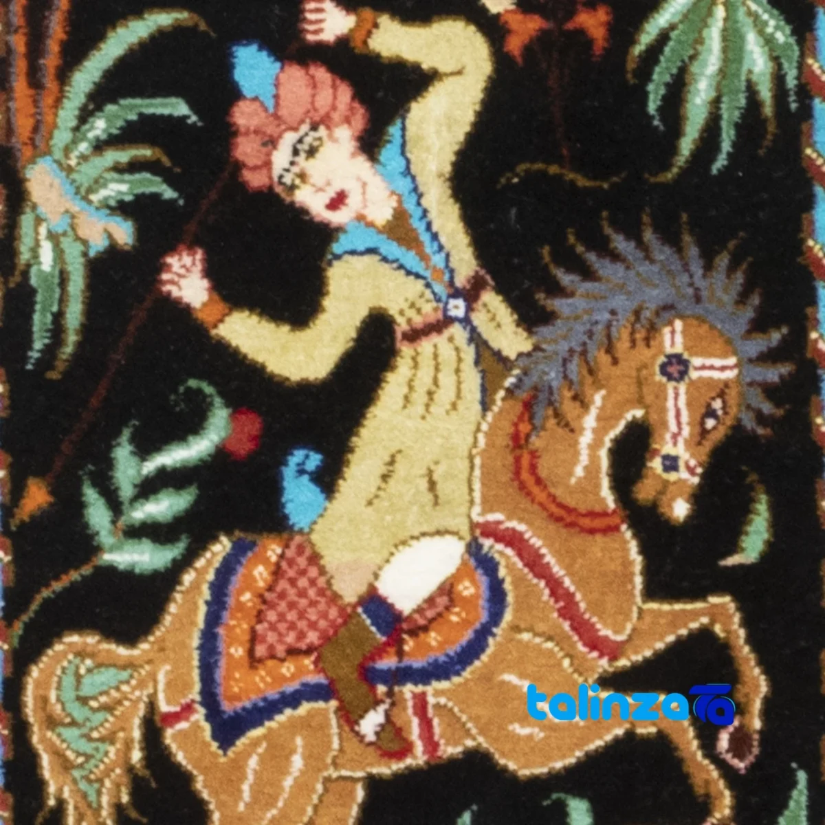 Top view of C Persia Handwoven Carpet Hunting Scene pattern and color tone