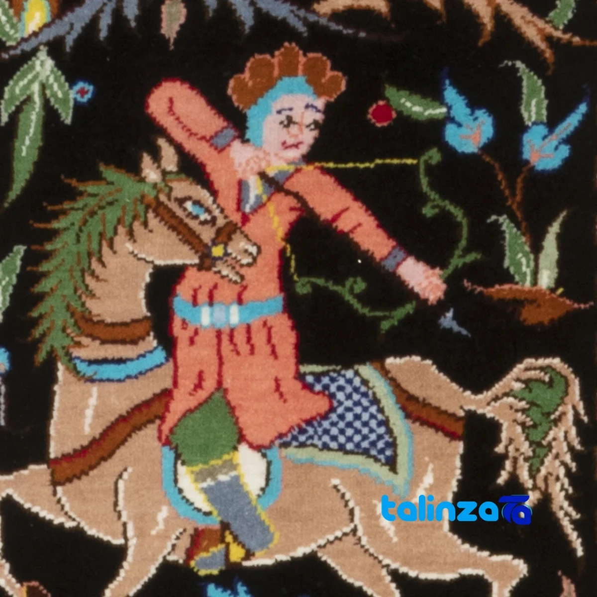 Top view of Si Persia Handwoven Carpet Wall Art Hunting Scene pattern and color tone