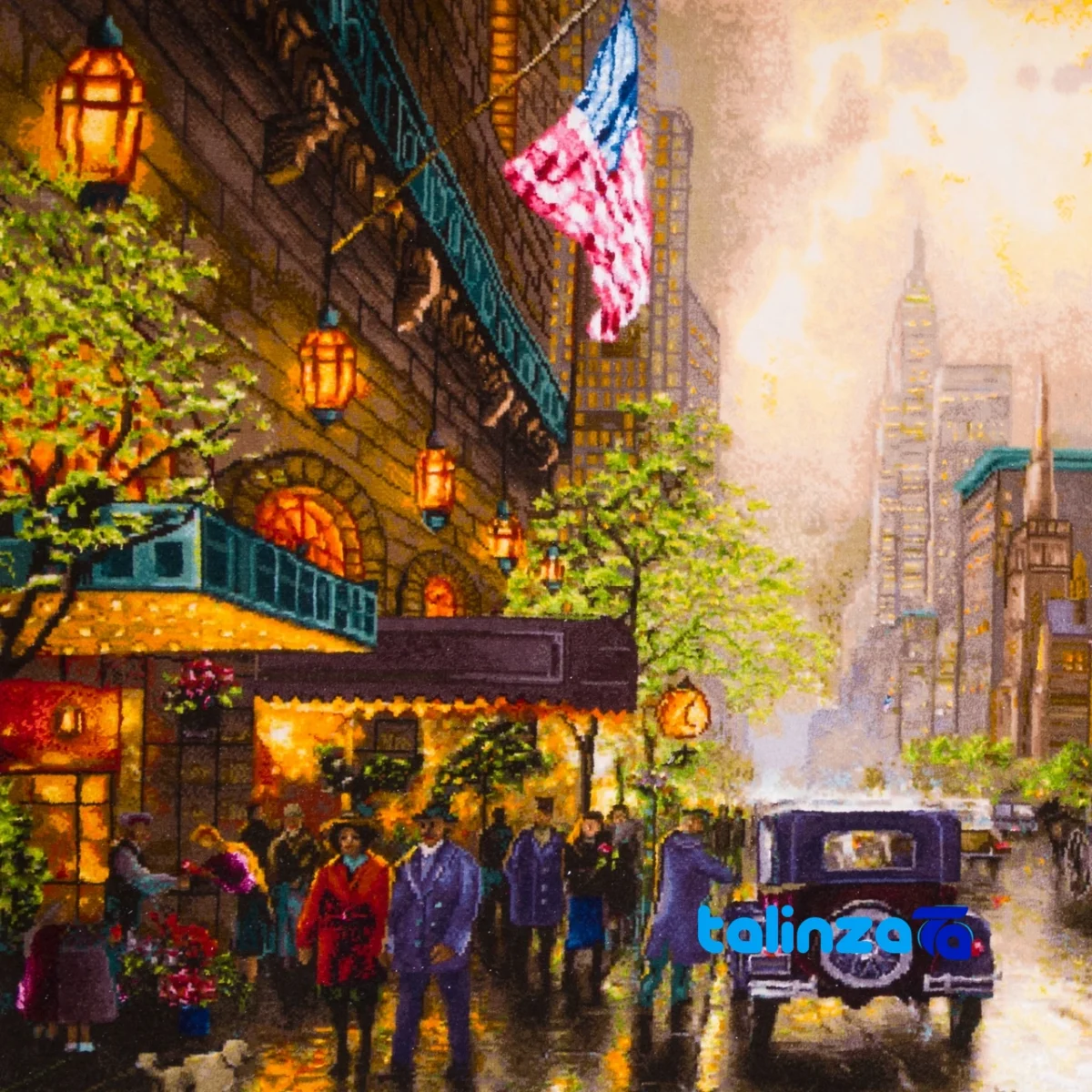 Top view of Si Persia Handwoven Tapestry New York Rain Scene pattern and color tone