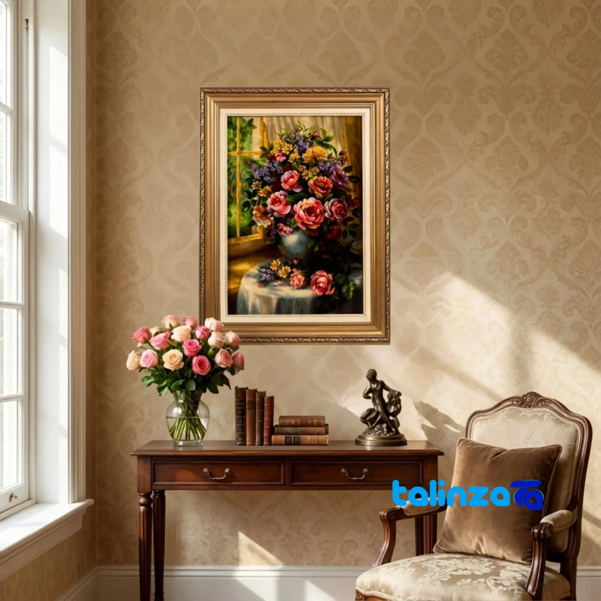 Top view of Si Persia Handwoven Tapestry Rose Vase Design pattern and color tone