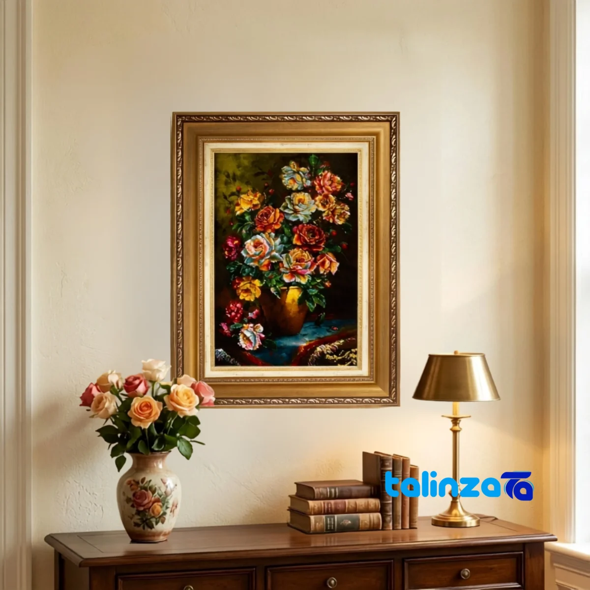 Front view of C Persia Handwoven Tapestry Flower in Vase Design and key details