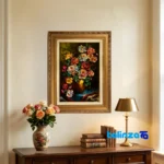 Front view of C Persia Handwoven Tapestry Flower in Vase Design and key details