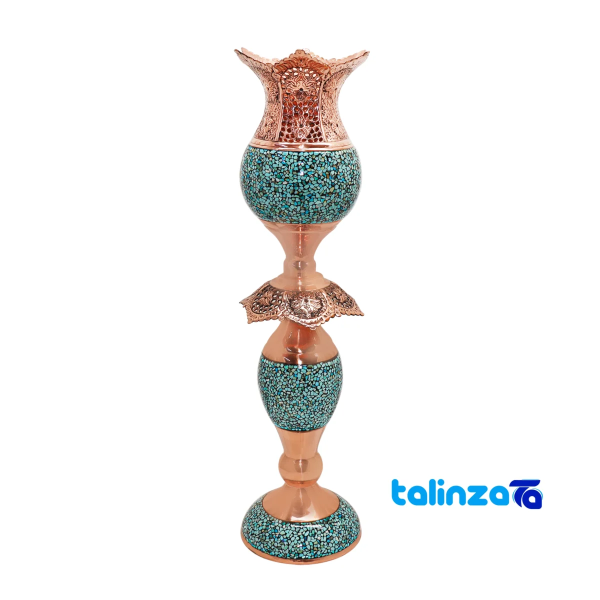 Front view of Fakhra Turquoise Inlaid Mirror Candle Holder Set Copper design and key details