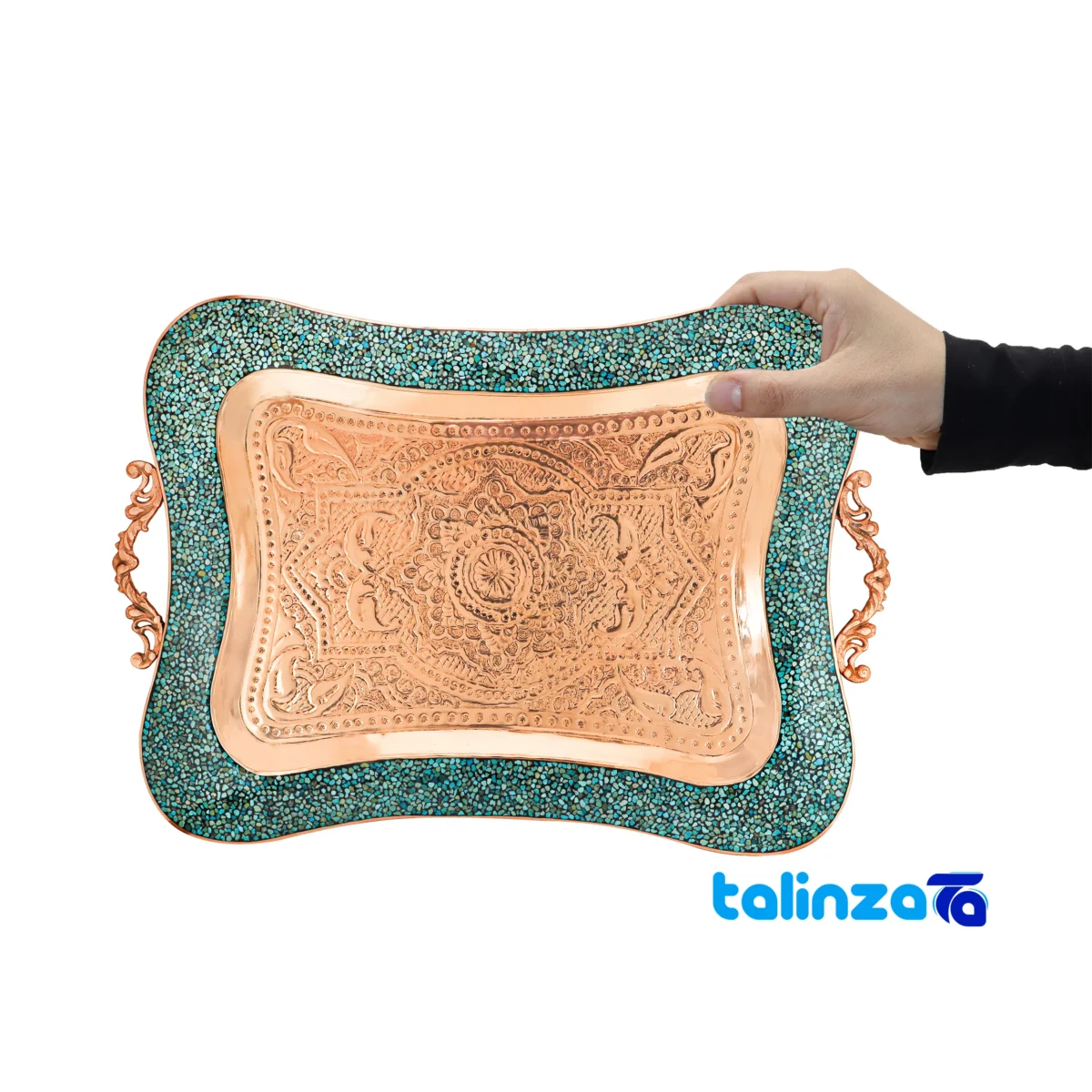 Front view of Shahpasand Turquoise Copper Tea Set 47 x 33 design and key details