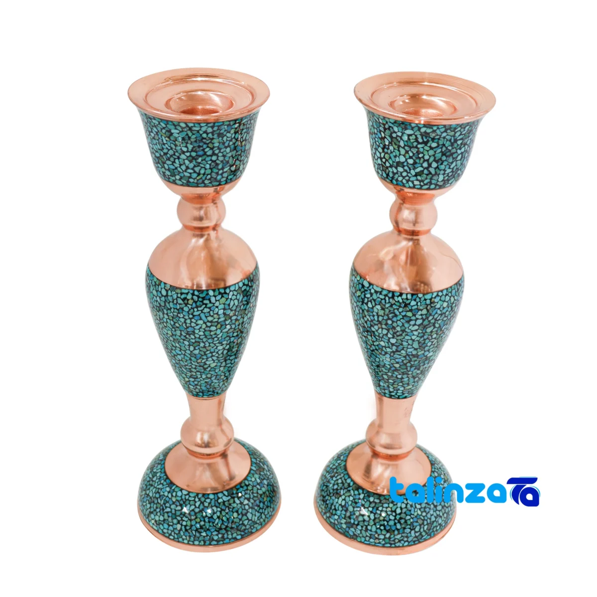 Front view of Turquoise Inlaid Mirror Candleholder Set Narrow Waist design and key details
