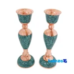Front view of Turquoise Inlaid Mirror Candleholder Set Narrow Waist design and key details