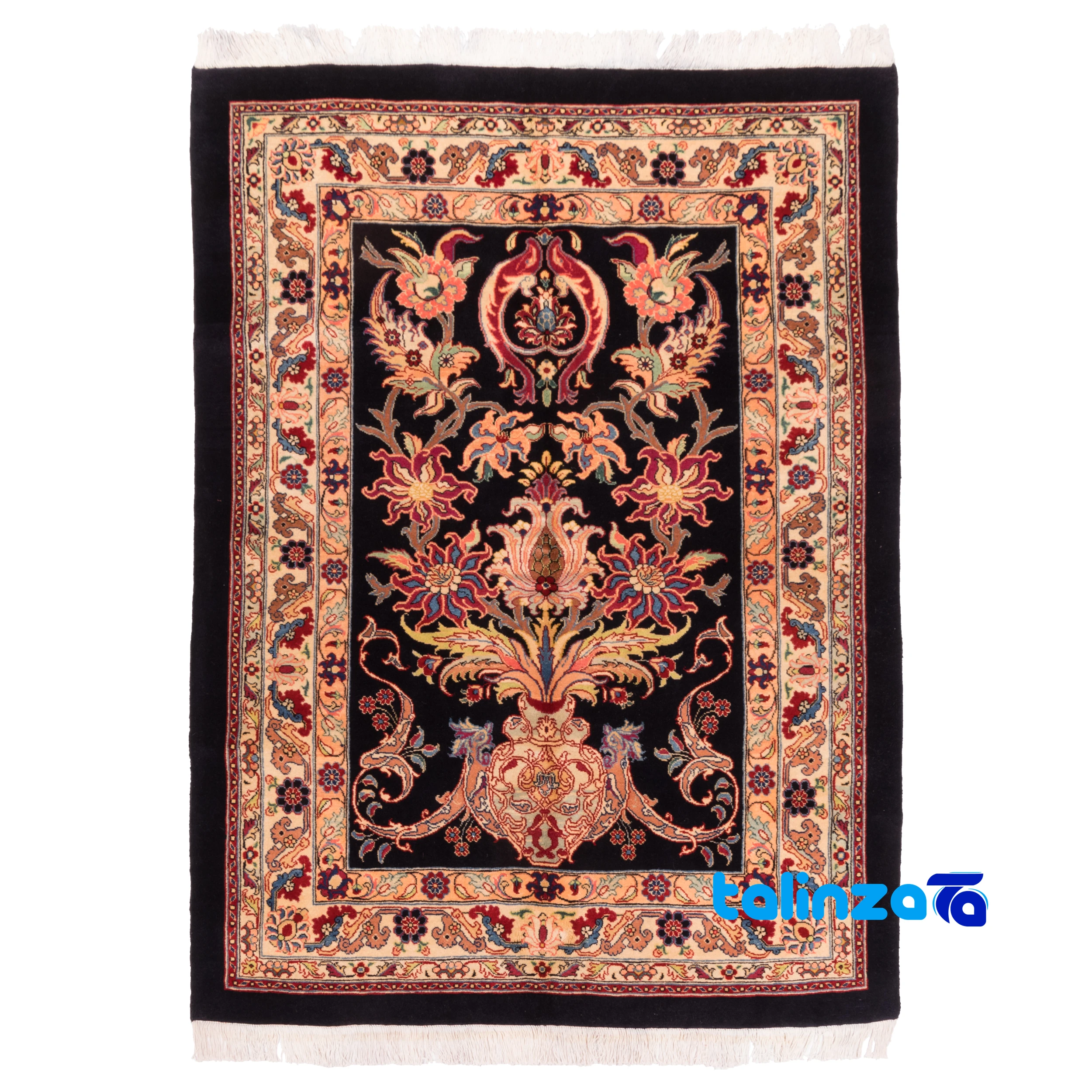 New vs Antique Persian Rugs Investment - Top view of C Persia Handwoven Rug Floral Design Navy pattern and color tone