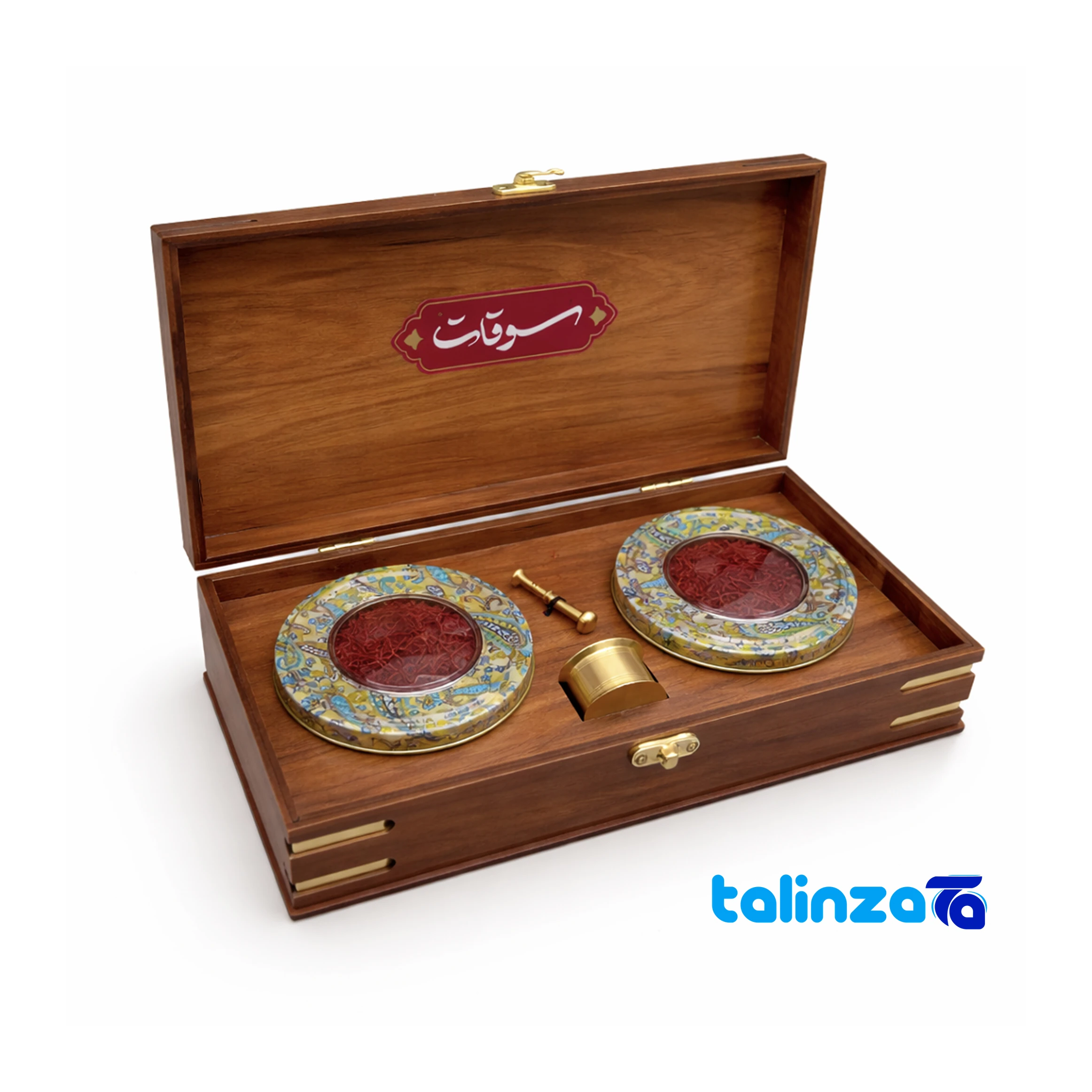 Saffron Wedding Gifts - Front view of Saffron Kadooi Sargol Gift Set with Mortar grade and packaging