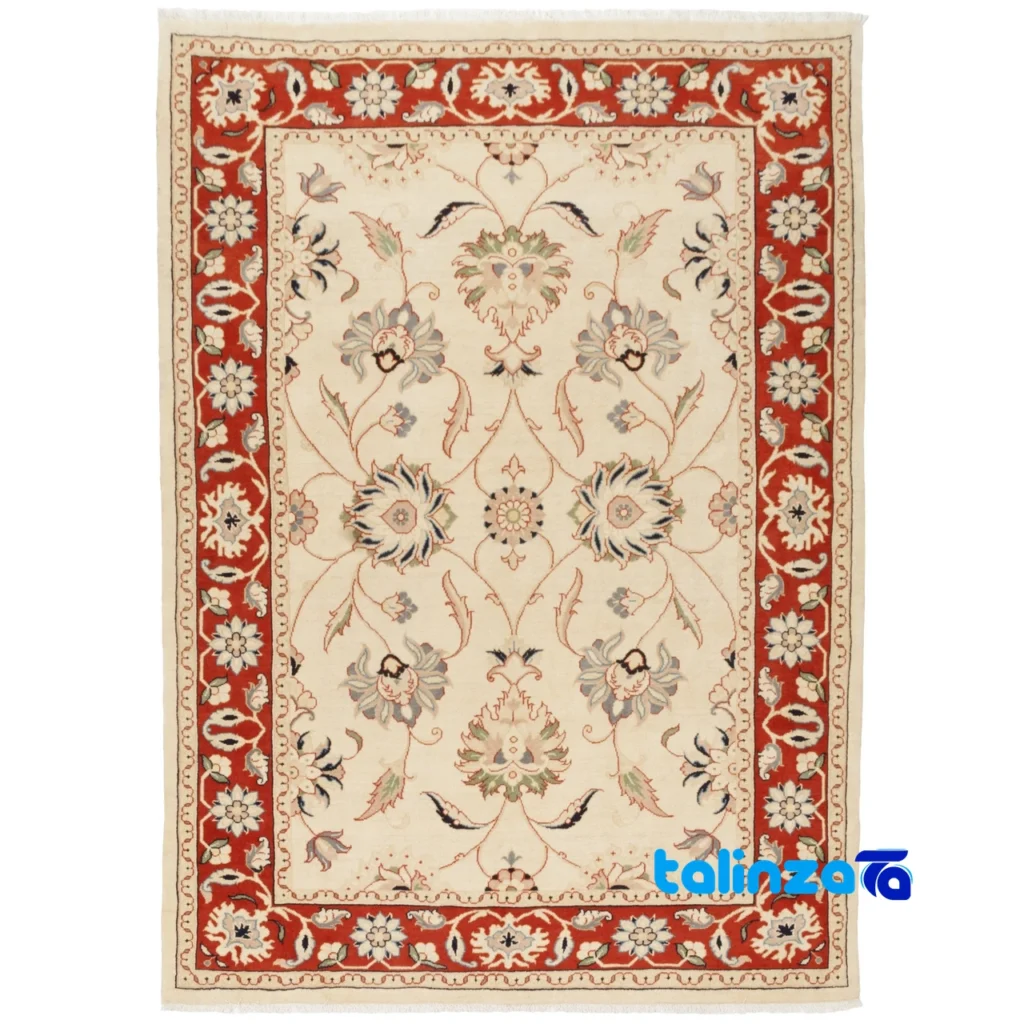 Wool and Silk Blend vs Pure Silk Rugs - Top view of Si Persia Handwoven Rug Model 705530 Cream Background pattern and color t