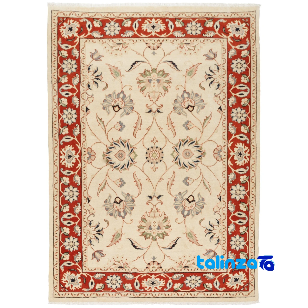Wool and Silk Blend vs Pure Silk Rugs - Top view of Si Persia Handwoven Rug Model 705530 Cream Background pattern and color t